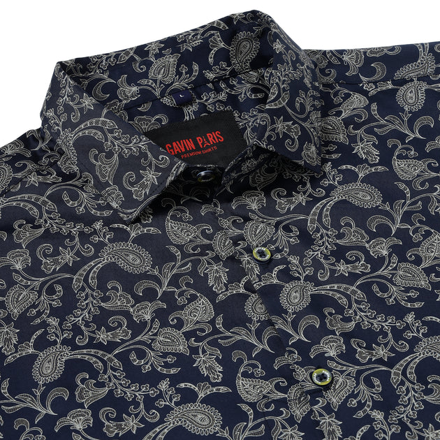 Large Navy Paisley on Black Background Printed Business Casual Shirt main image 1