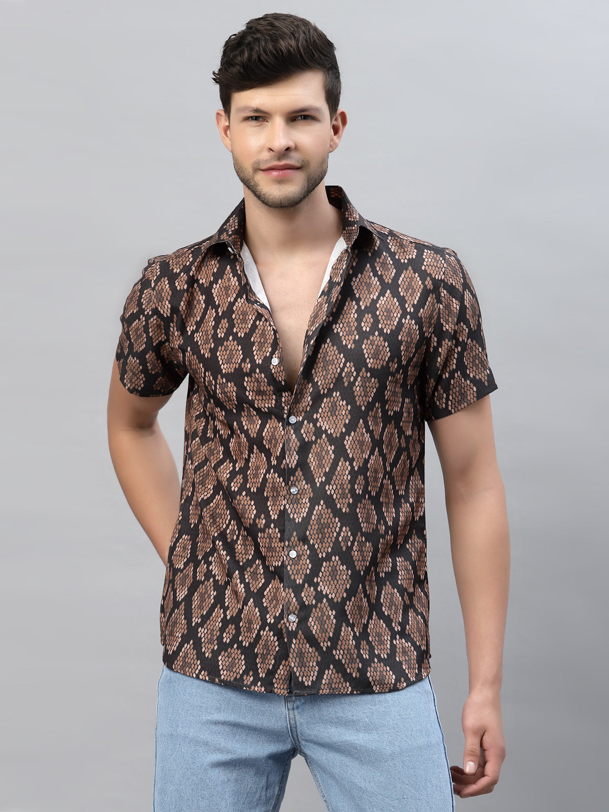 Brown Snake Skin Print Half Sleeve Shirt Gavin Paris