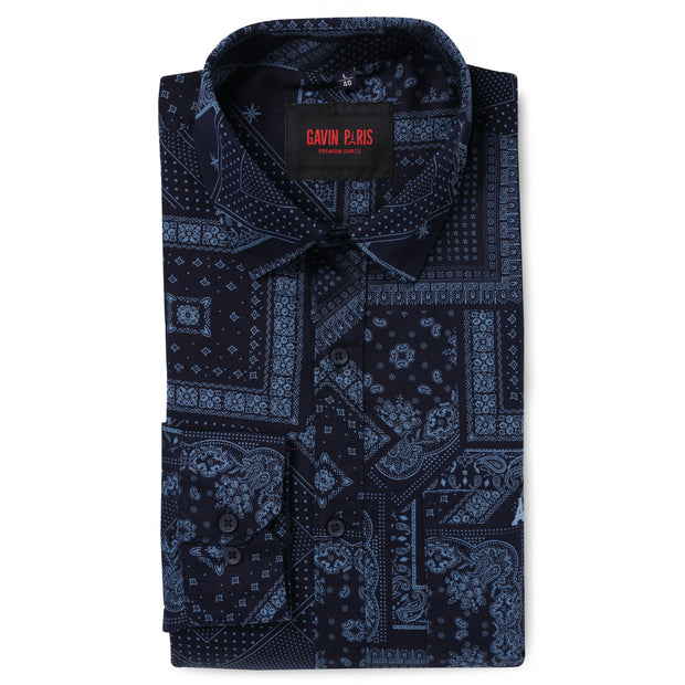 Navy Blue Patterned Full-Sleeve Shirt (D007)