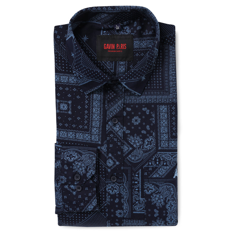 Navy Blue Patterned Full-Sleeve Shirt (D007)