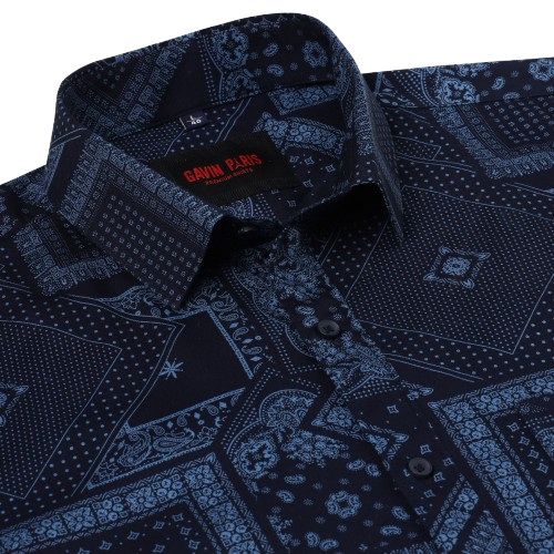 Navy Blue Patterned Slim Fit Full-Sleeve Shirt (D007)