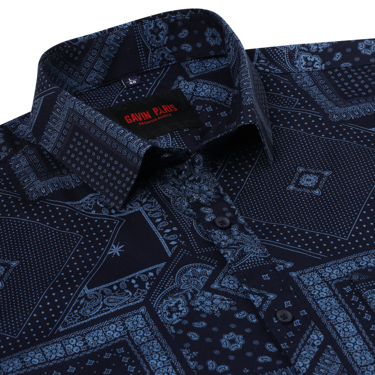 Navy Blue Patterned Full-Sleeve Shirt (D007)
