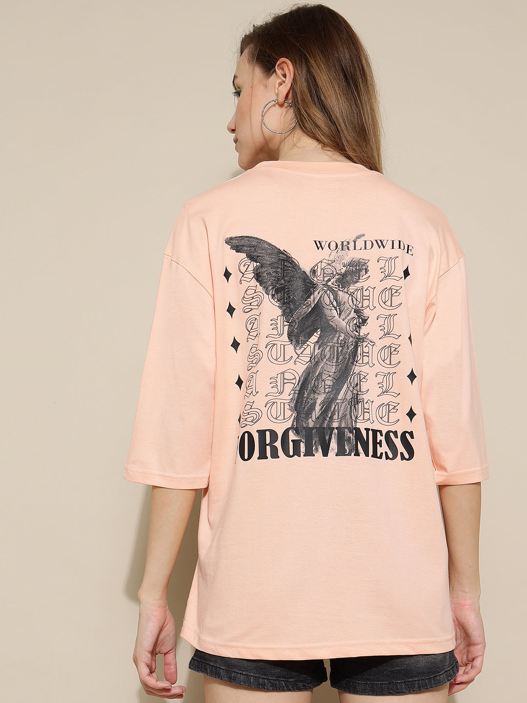 Forgiveness Peach Oversized Both Side Printed Tee for Women