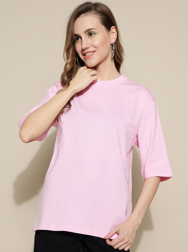 Pink Plain Cotton Oversized Unisex T-shirt