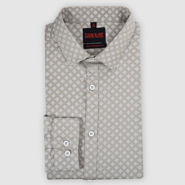 Beige and White Micro Print Men's Slim Fit Full Sleeve Shirt (GP306)