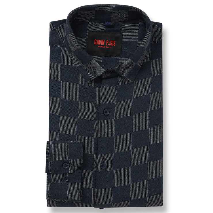 Navy Blue Checkered Pattern Slim Fit Full Sleeve Shirt (GP005)