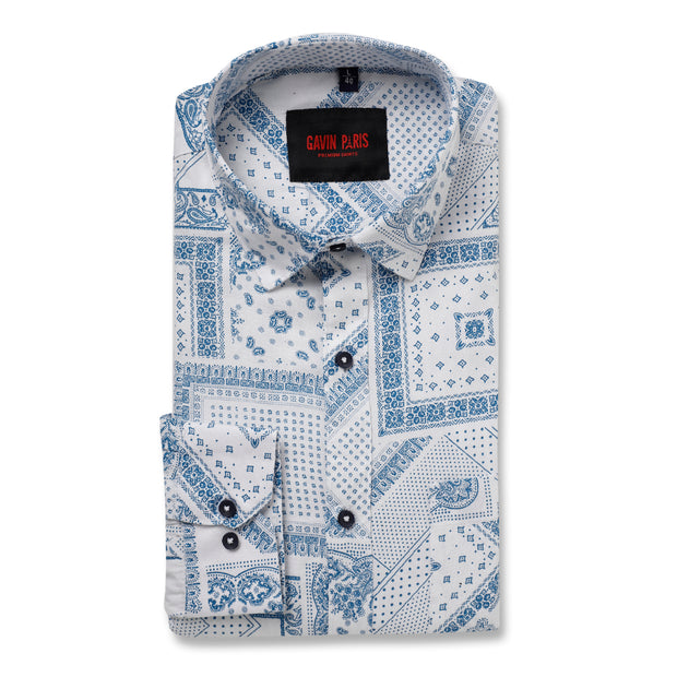 White and Blue Patterned Slim Fit Full-Sleeve Shirt (D012)