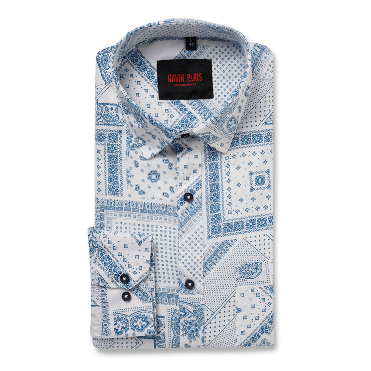 White and Blue Patterned Full-Sleeve Shirt (D012)