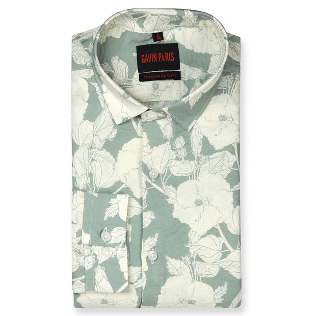 Floral Print Slim Fit Full Sleeve Shirt - Sage Green and Cream (GP233)