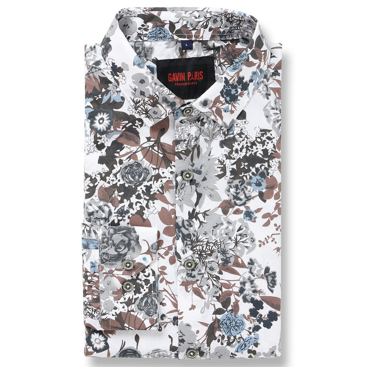 White with Multicolor Floral Pattern Slim Fit  Full Sleeve Shirt (GP052)