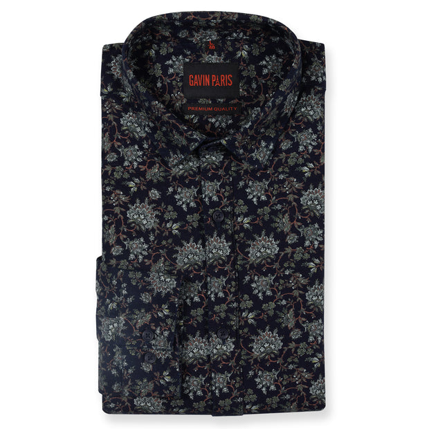 Navy Blue Floral Print Slim Fit Full Sleeve Shirt (GP143)