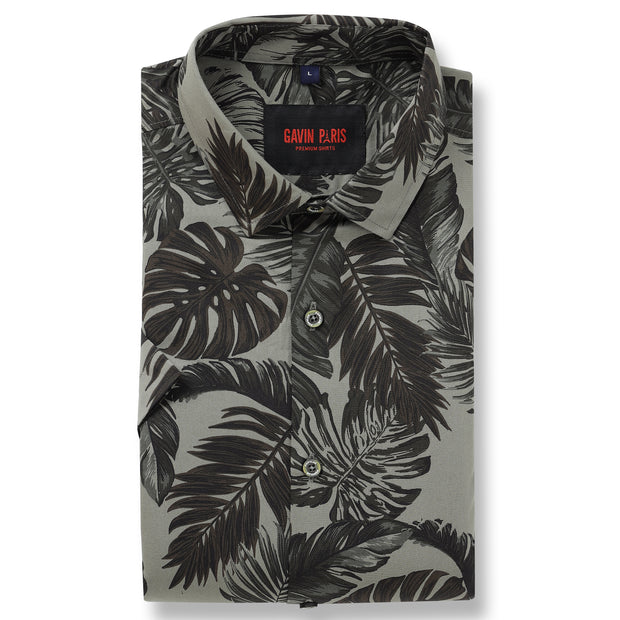 Half Sleeve Slim Fit Shirt- Grey with Brown Tropical Leaf Pattern  (GP037)