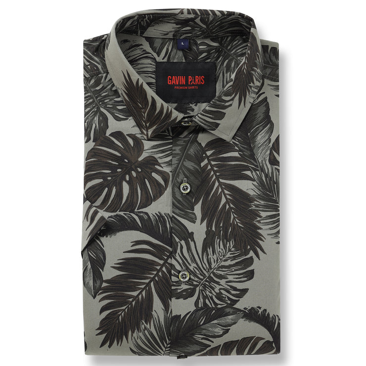 Grey with Brown Tropical Leaf Pattern Half Sleeve Shirt (GP037)