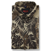 Half Sleeve Slim Fit Shirt - Beige with Brown Tropical Leaf Pattern (GP038)
