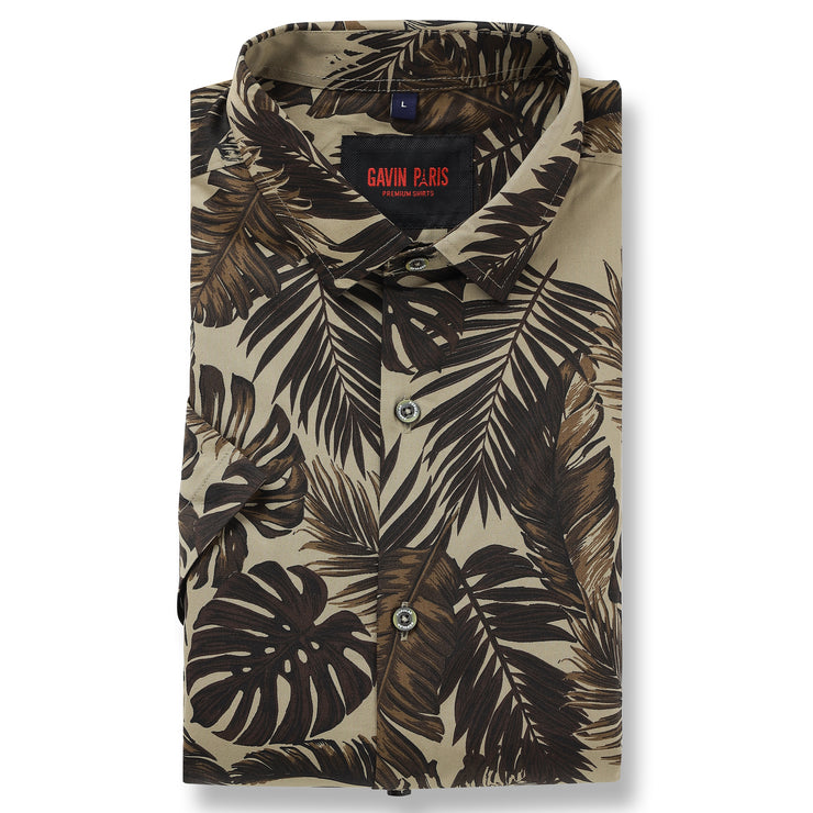 Half Sleeve Shirt - Beige with Brown Tropical Leaf Pattern (GP038)
