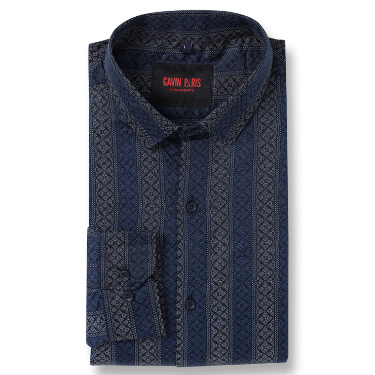 Full Sleeve Shirt - Navy Blue with Vertical Geometric Pattern (GP026)