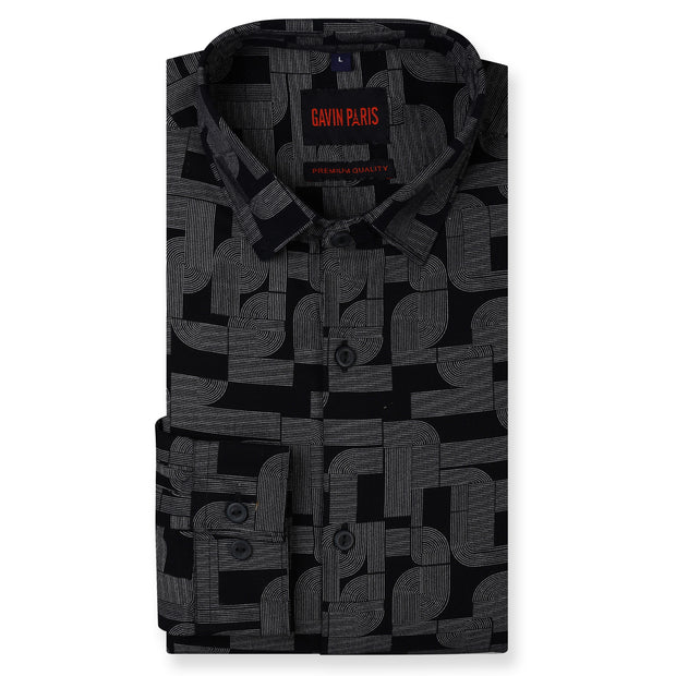 Black Slim Fit Full Sleeve Shirt with Modern Geometric Pattern (GP262)