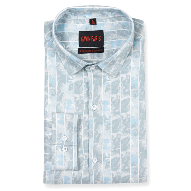 Light Blue and White Striped Floral Pattern Slim Fit  Full Sleeve Shirt (GP136)