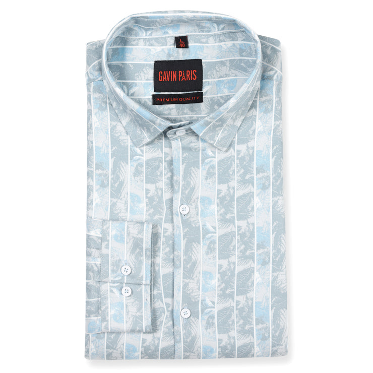 Light Blue and White Striped Floral Pattern Slim Fit  Full Sleeve Shirt (GP136)
