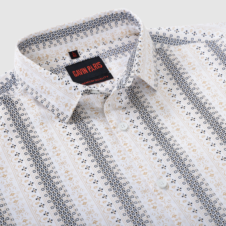 Cream and Navy Ethnic Stripe Design Men's Slim Fit Full Sleeve Shirt (GP308)