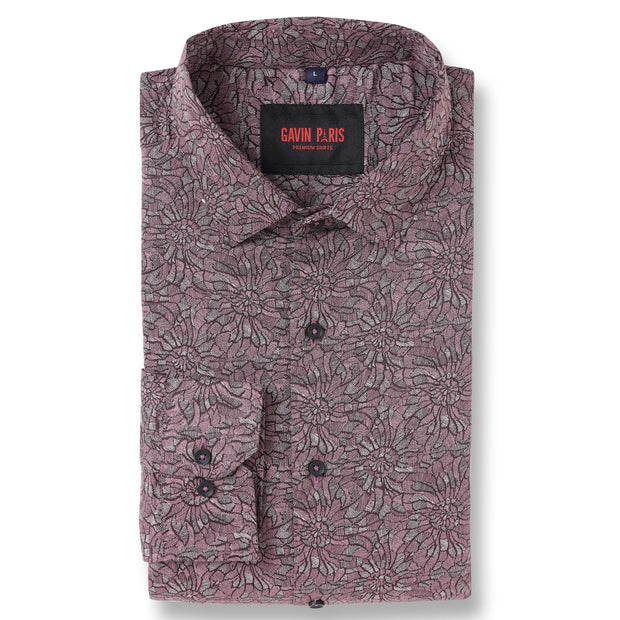 Burgundy Flower Pattern Slim Fit Full Sleeve Shirt (GP018)