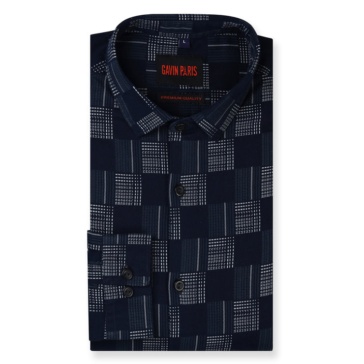 Navy Blue Geometric Check Slim Fit Full Sleeve Shirt (GP255)