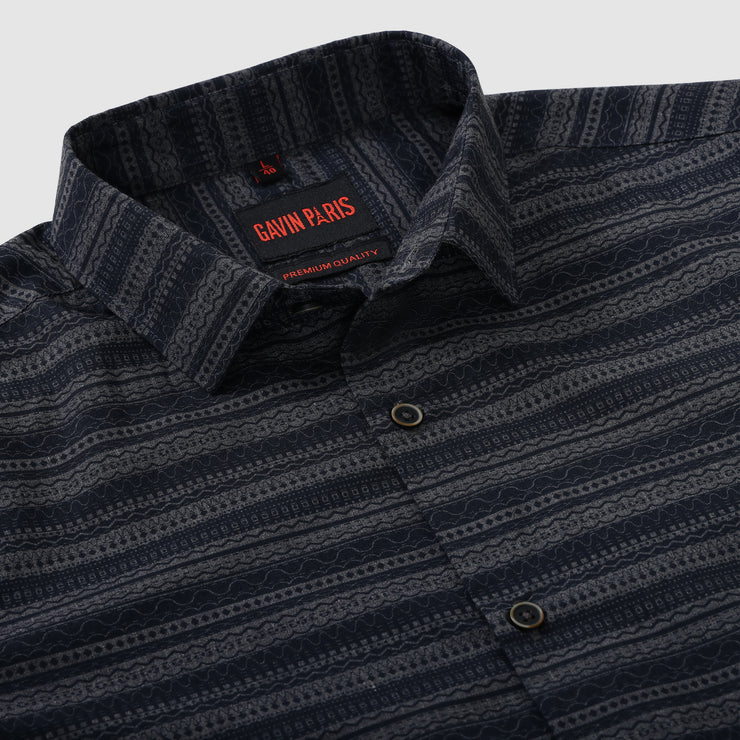Men's Full Sleeve Navy Blue and Gray Striped Pattern Slim Fit Shirt (GP273)