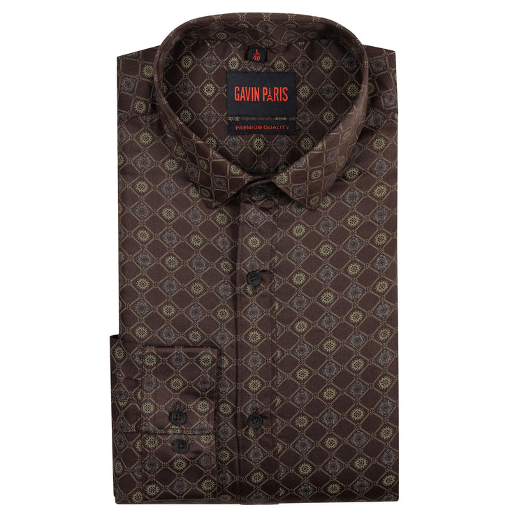 Brown Diamond Pattern Slim Fit Full Sleeve Shirt (GP194)