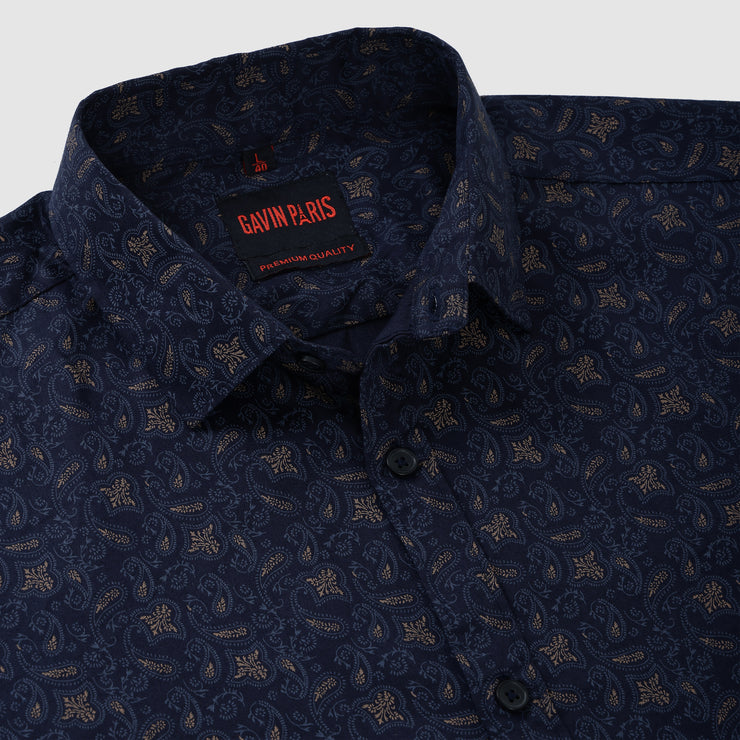 Navy Blue Paisley Motif Men's Slim Fit Full Sleeve Shirt (GP301)