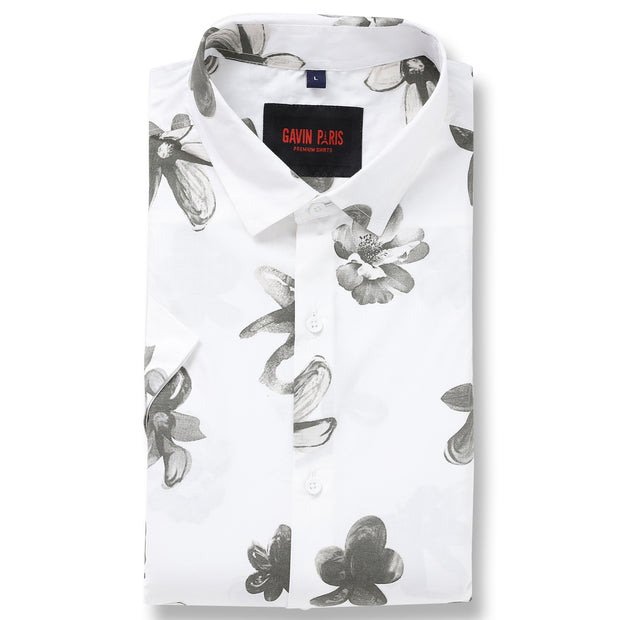 Half Sleeve Slim Fit Shirt - White with Grey Floral Pattern (GP050)