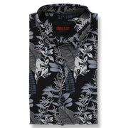 Half Sleeve Slim Fit Shirt - Black with Blue Botanical Pattern (GP053)