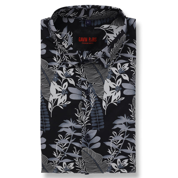 Half Sleeve Slim Fit Shirt - Black with Blue Botanical Pattern (GP053)