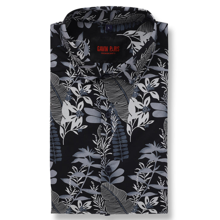 Half Sleeve Shirt - Black with Blue Botanical Pattern (GP053)