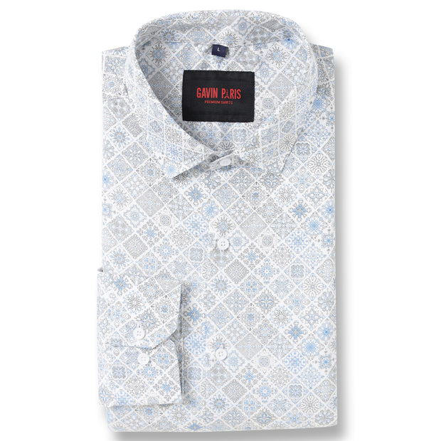 Blue and Grey Geometric Pattern Slim Fit Full Sleeve Shirt (GP014)