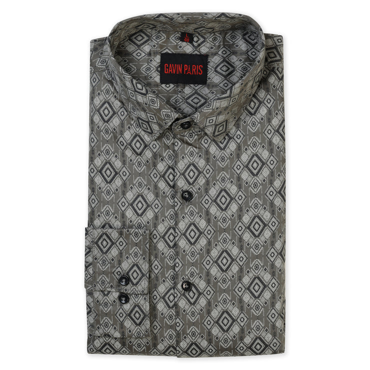 Olive Green Diamond Print Slim Fit Men's Full Sleeve Shirt (GP352)