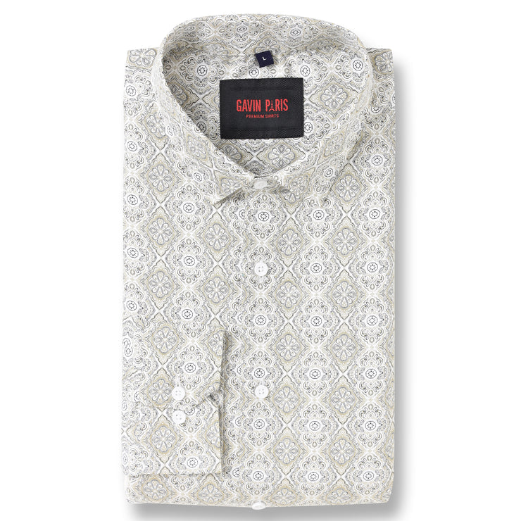 White with Gold and Black Ornate Pattern Slim Fit Full Sleeve Shirt (GP009)