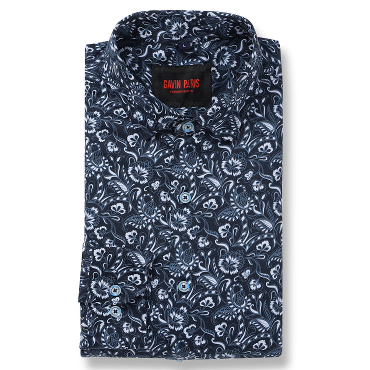 Navy Blue with White Floral Pattern Full Sleeve Shirt (GP024)