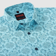Aqua Blue Floral Medallion Print Men's Slim Fit Full Sleeve Shirt (GP298)