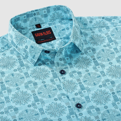 Aqua Blue Floral Medallion Print Men's Slim Fit Full Sleeve Shirt (GP298)