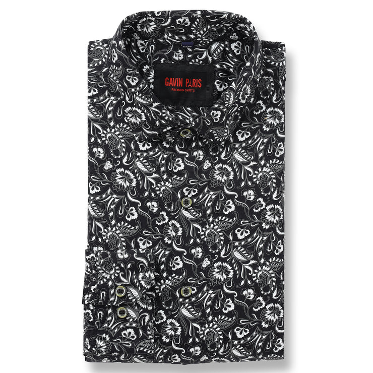 Black with White Floral Pattern Full Sleeve Shirt (GP023)