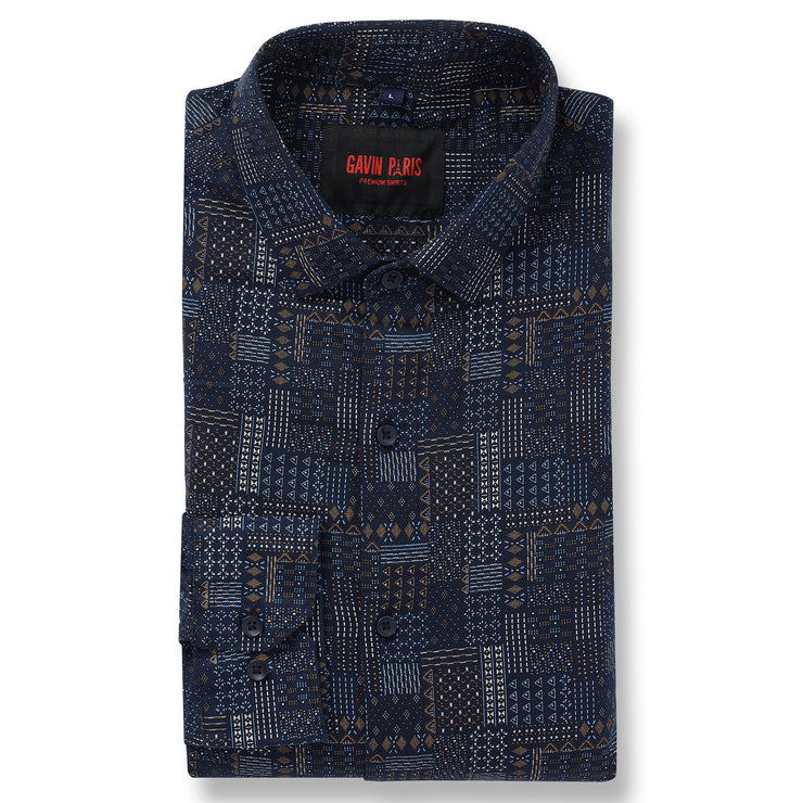 Navy Blue with Geometric Pattern Full Sleeve Shirt (GP104)