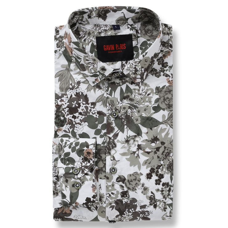 White with Green and Brown Floral Pattern Full Sleeve Shirt (GP051)