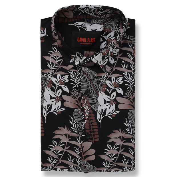 Half Sleeve Slim Fit Shirt - Black with Grey Floral Pattern (GP054)