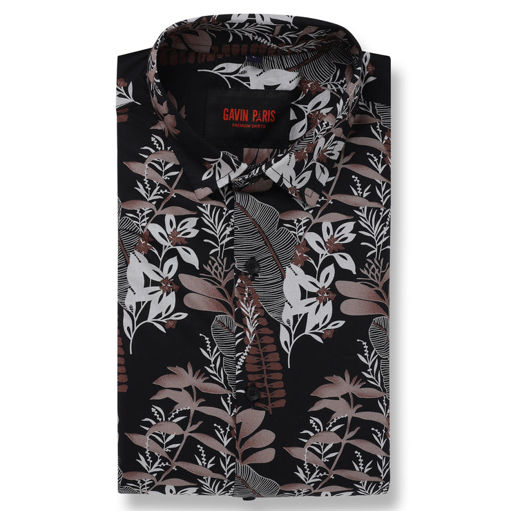 Half Sleeve Slim Fit Shirt - Black with Grey Floral Pattern (GP054)