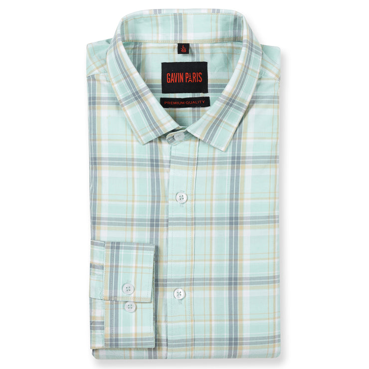 Mint Green and Grey Plaid Slim Fit Full Sleeve Shirt (GP166)