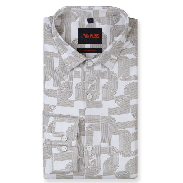 Beige Slim Fit Full Sleeve Shirt with Abstract Geometric Pattern (GP263)