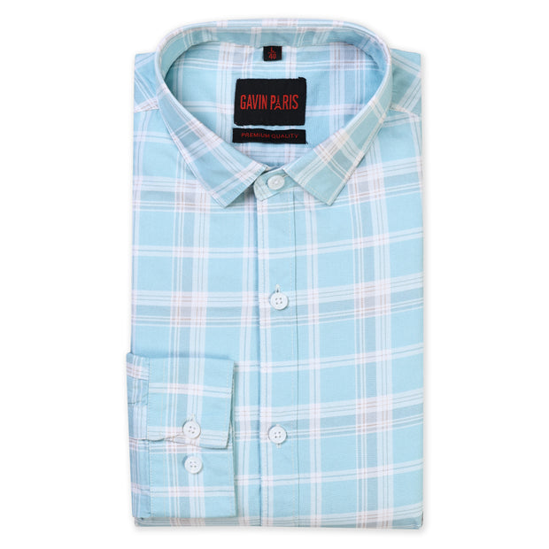 Aqua Blue Checkered Slim Fit Men's Full Sleeve Shirt (GP339)