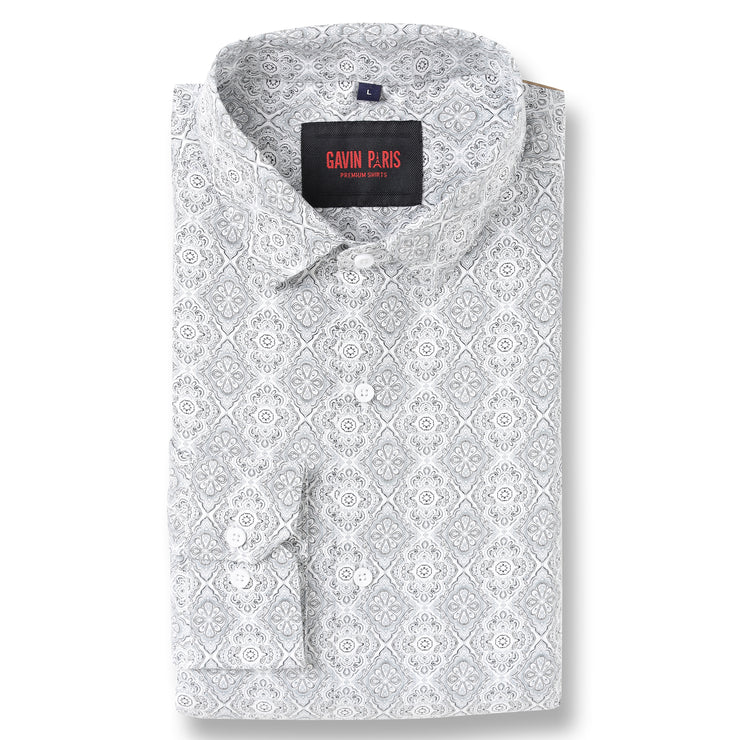 Full Sleeve Shirt - White with Grey Ornate Pattern (GP010)