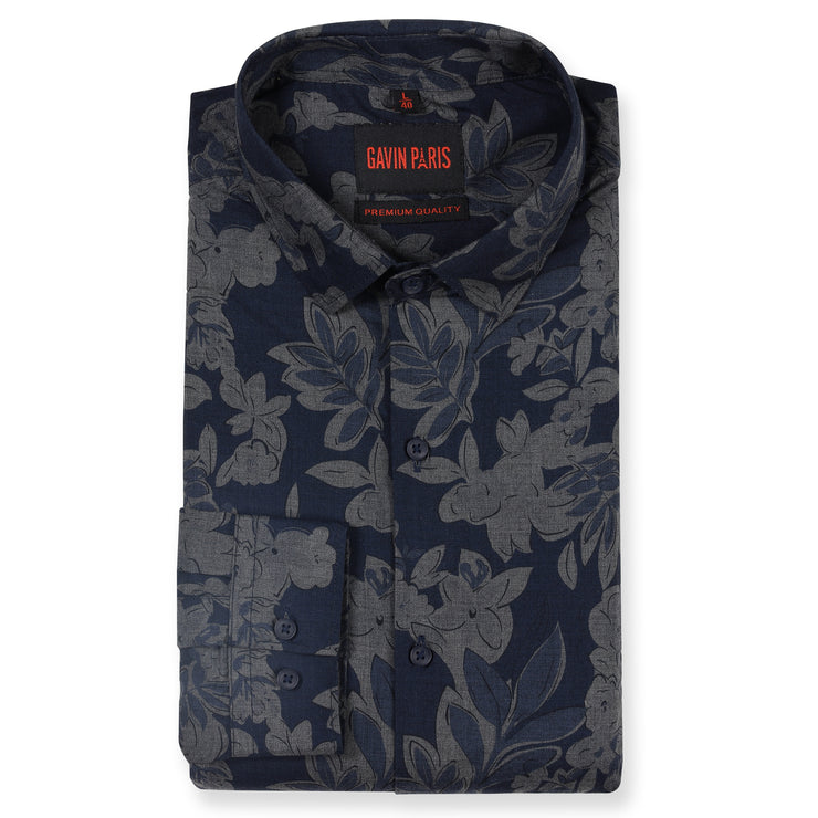 Navy Blue Floral Print Slim Fit Full Sleeve Shirt (GP145)