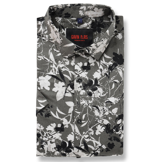 Half Sleeve Slim Fit Shirt- Grey with Black and White Floral Pattern (GP043)